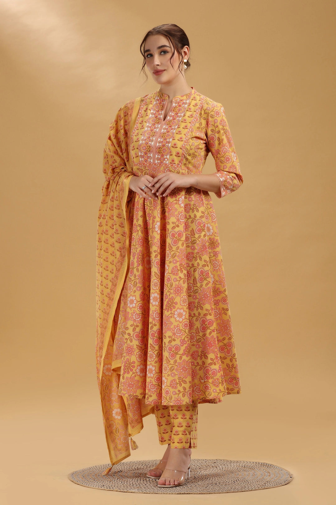 Yellow Printed Jaipuri Cotton A Line Kurta Pant and Dupatta Suit Set for women