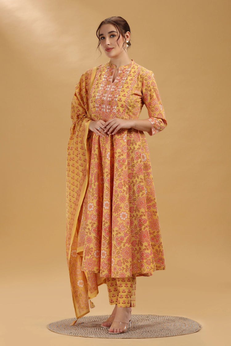 Yellow Printed Jaipuri Cotton A Line Kurta Pant and Dupatta Suit Set for women