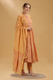 Yellow Printed Jaipuri Cotton A Line Kurta Pant and Dupatta Suit Set for women