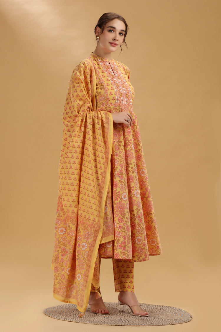 Yellow Printed Jaipuri Cotton A Line Kurta Pant and Dupatta Suit Set for women