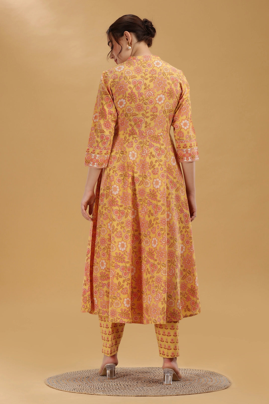 Yellow Printed Jaipuri Cotton A Line Kurta Pant and Dupatta Suit Set for women