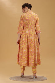 Yellow Printed Jaipuri Cotton A Line Kurta Pant and Dupatta Suit Set for women