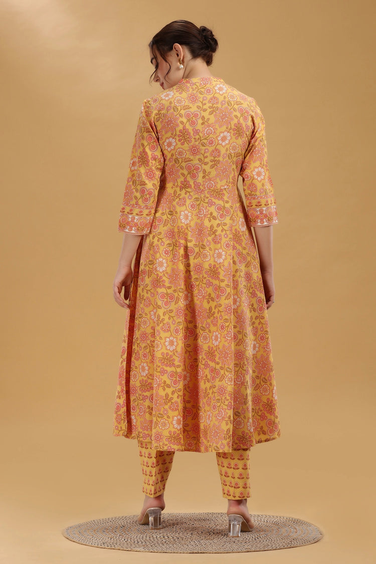 Yellow Printed Jaipuri Cotton A Line Kurta Pant and Dupatta Suit Set for women