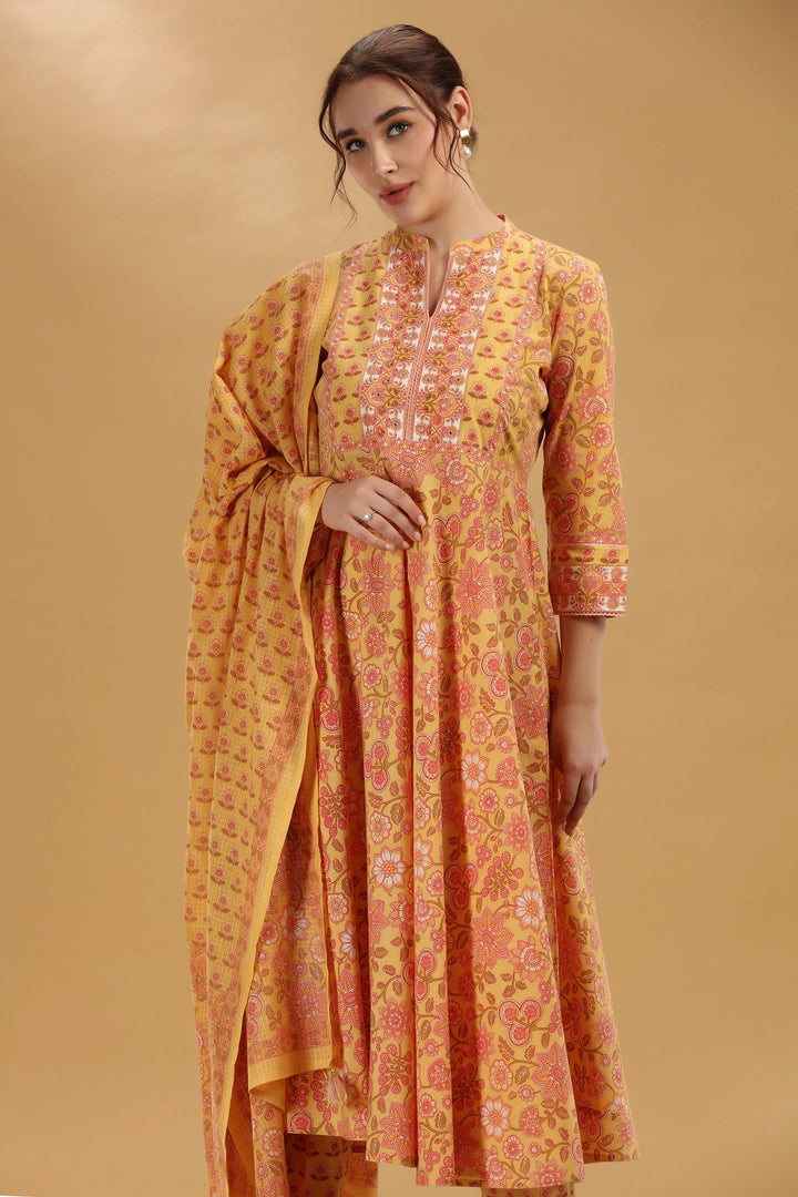 Yellow Printed Jaipuri Cotton A Line Kurta Pant and Dupatta Suit Set for women