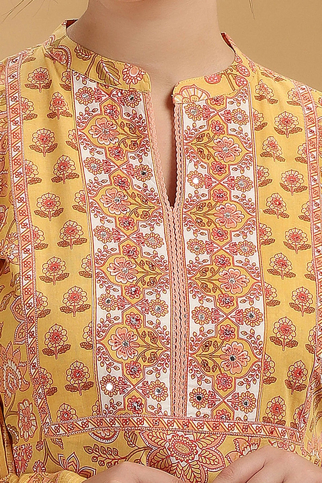 Yellow Printed Jaipuri Cotton A Line Kurta Pant and Dupatta Suit Set for women