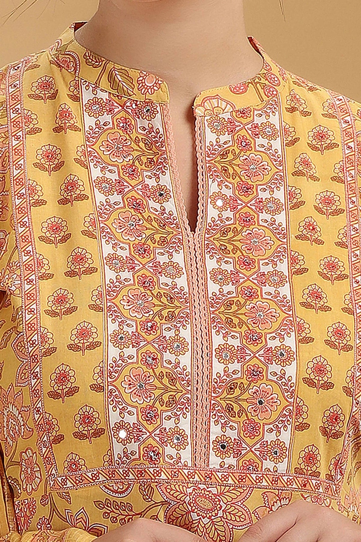 Yellow Printed Jaipuri Cotton A Line Kurta Pant and Dupatta Suit Set for women