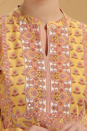 Yellow Printed Jaipuri Cotton A Line Kurta Pant and Dupatta Suit Set for women