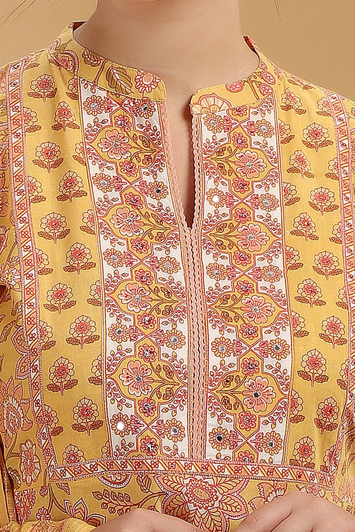 Yellow Printed Jaipuri Cotton A Line Kurta Pant and Dupatta Suit Set for women