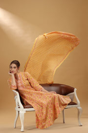 Yellow Printed Jaipuri Cotton A Line Kurta Pant and Dupatta Suit Set for women