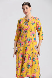 Yellow Rayon Printed Straight Kurta Pant Co ord Set