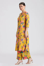 Yellow Rayon Printed Straight Kurta Pant Co ord Set