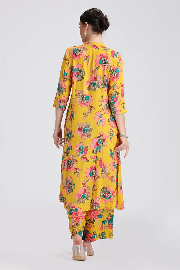 Yellow Rayon Printed Straight Kurta Pant Co ord Set