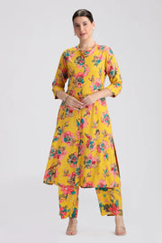 Yellow Rayon Printed Straight Kurta Pant Co ord Set