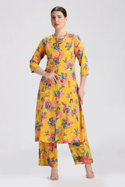 Yellow Rayon Printed Straight Kurta Pant Co ord Set