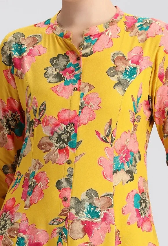 Yellow Rayon Printed Straight Kurta Pant Co ord Set