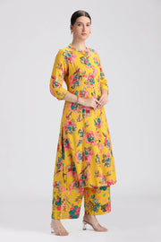 Yellow Rayon Printed Straight Kurta Pant Co ord Set