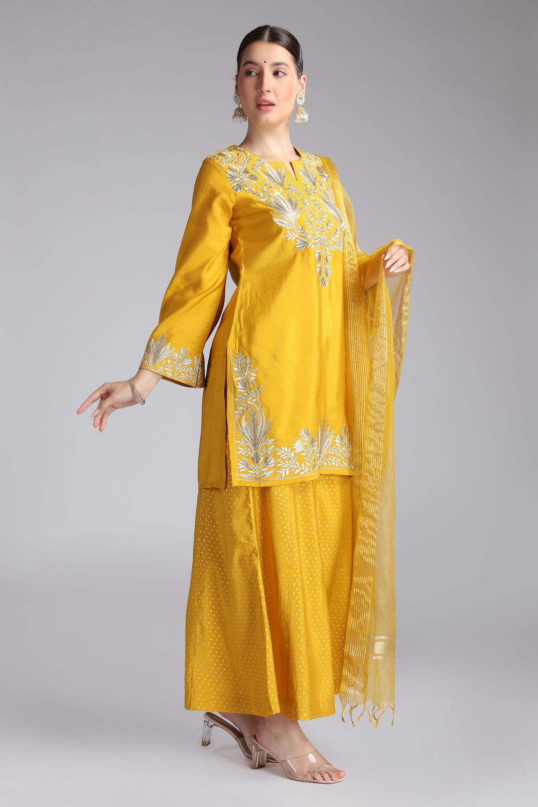 Yellow Roman Silk Embroidered Straight Kurta and Dupatta Suit Set