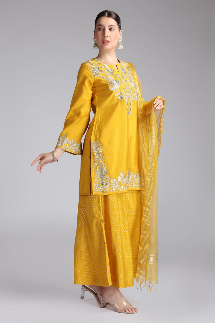 Yellow Roman Silk Embroidered Straight Kurta and Dupatta Suit Set