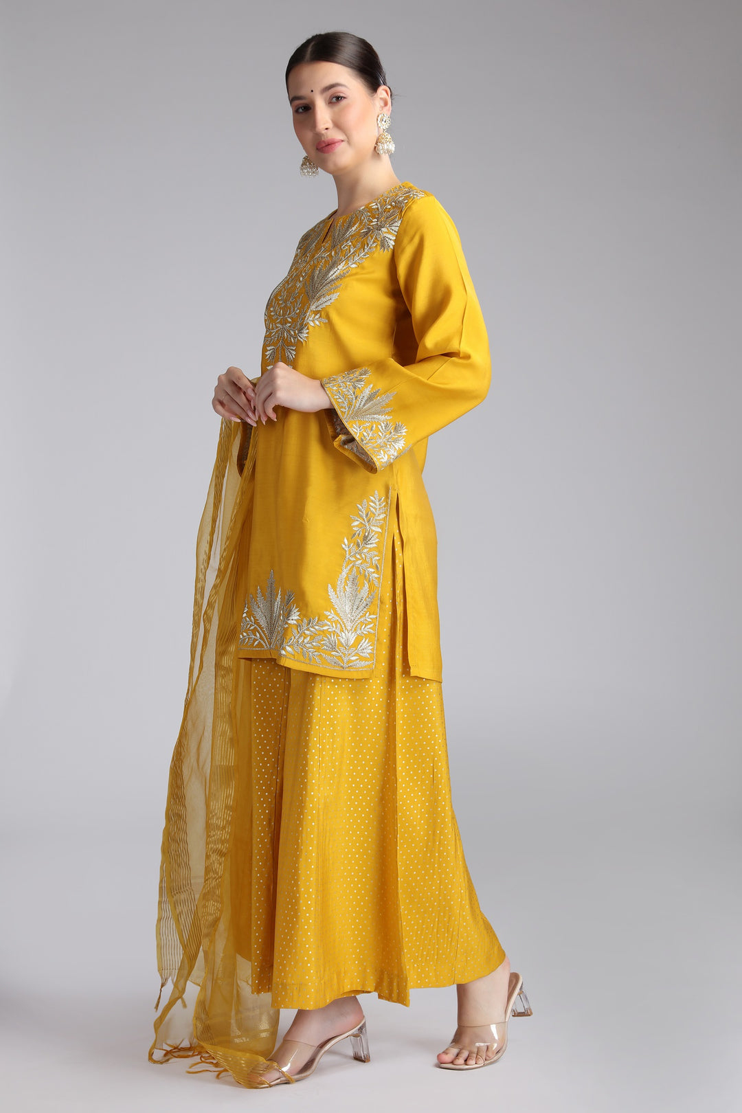Yellow Roman Silk Embroidered Straight Kurta and Dupatta Suit Set
