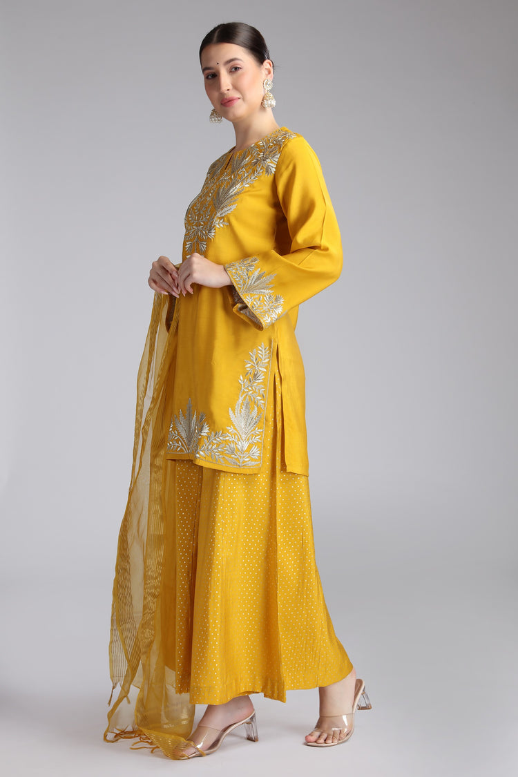 Yellow Roman Silk Embroidered Straight Kurta and Dupatta Suit Set
