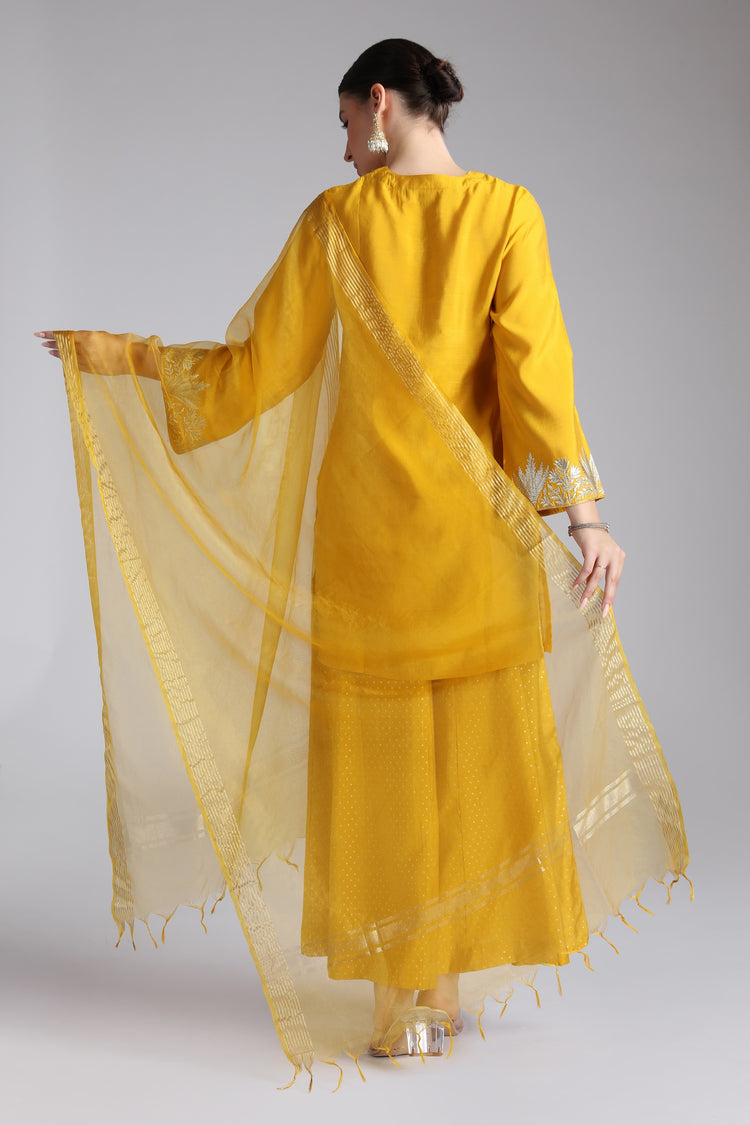 Yellow Roman Silk Embroidered Straight Kurta and Dupatta Suit Set