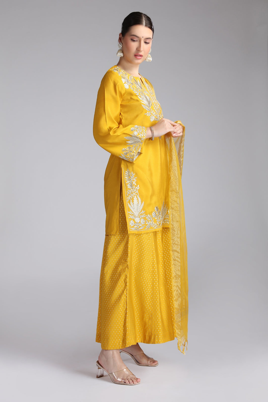 Yellow Roman Silk Embroidered Straight Kurta and Dupatta Suit Set