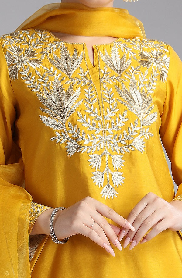 Yellow Roman Silk Embroidered Straight Kurta and Dupatta Suit Set