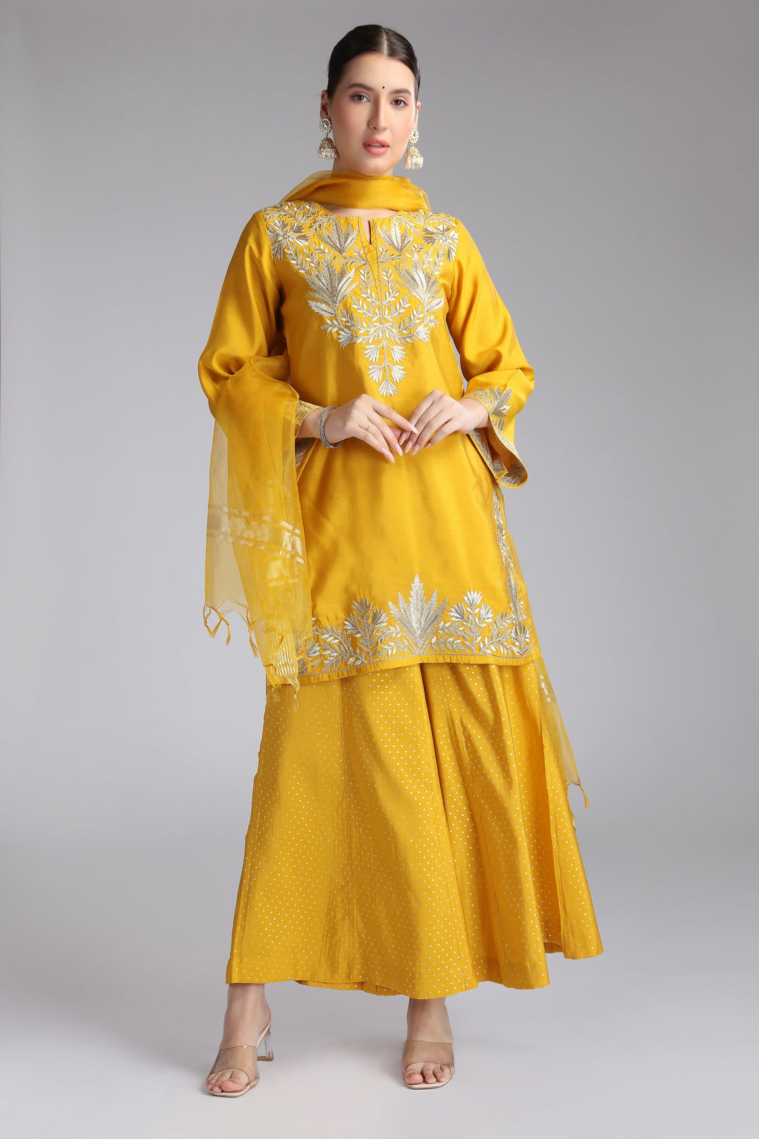Yellow Roman Silk Embroidered Straight Kurta and Dupatta Suit Set