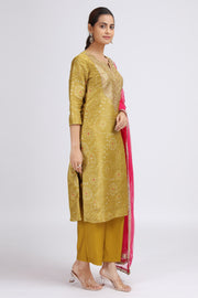 Yellow Roman Silk Embroidered Straight Kurta Pant and Dupatta Suit Set for women