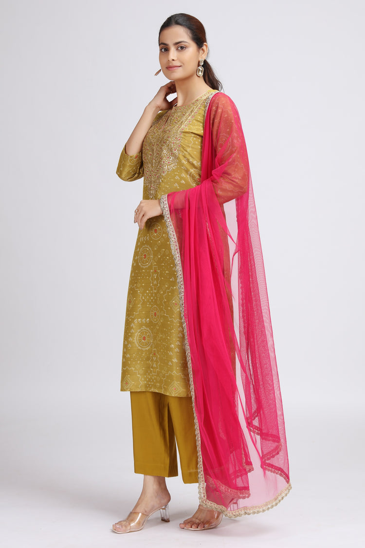 Yellow Roman Silk Embroidered Straight Kurta Pant and Dupatta Suit Set for women