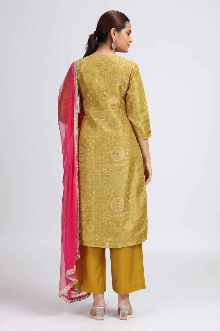 Yellow Roman Silk Embroidered Straight Kurta Pant and Dupatta Suit Set for women