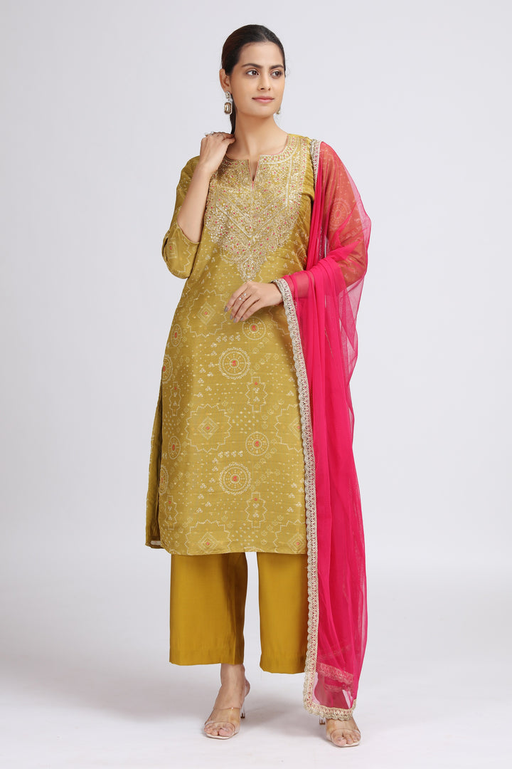 Yellow Roman Silk Embroidered Straight Kurta Pant and Dupatta Suit Set for women