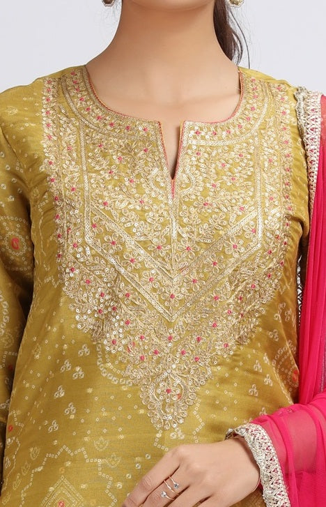 Yellow Roman Silk Embroidered Straight Kurta Pant and Dupatta Suit Set for women