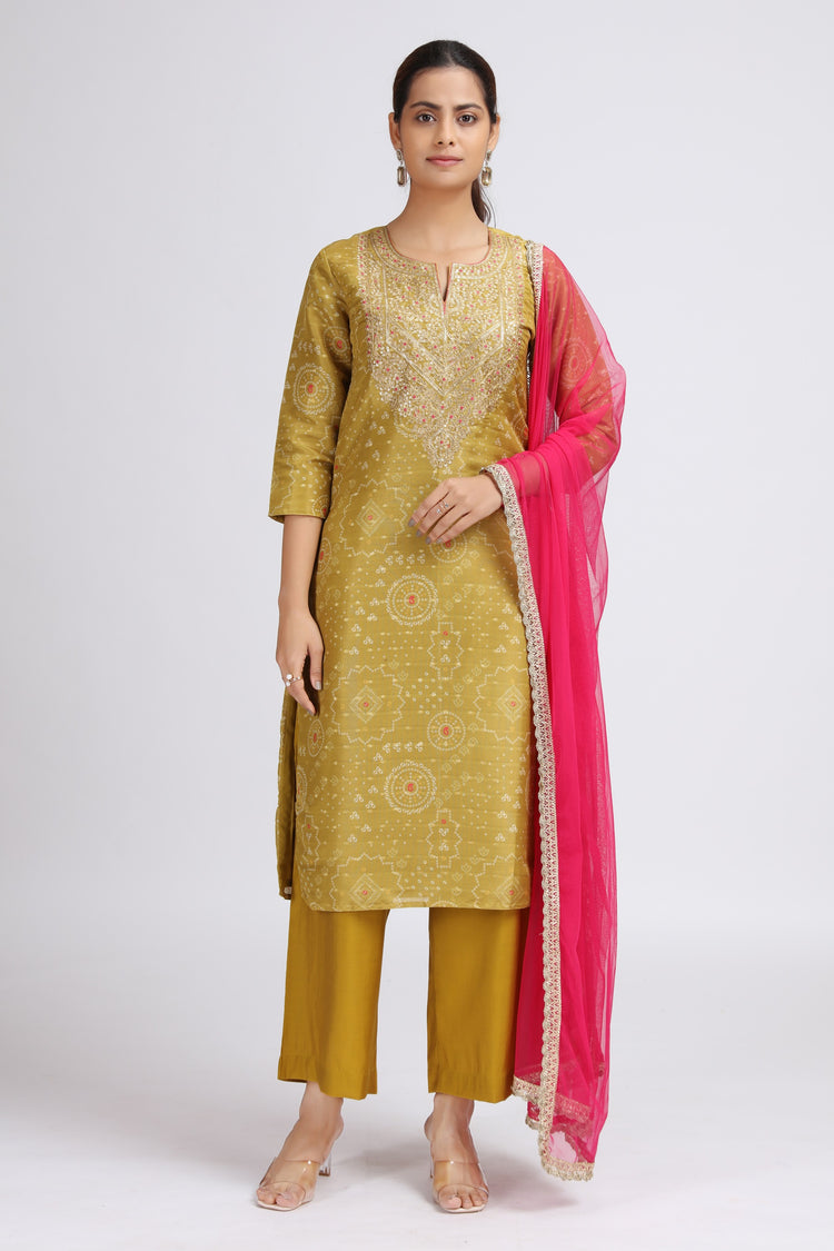 Yellow Roman Silk Embroidered Straight Kurta Pant and Dupatta Suit Set for women