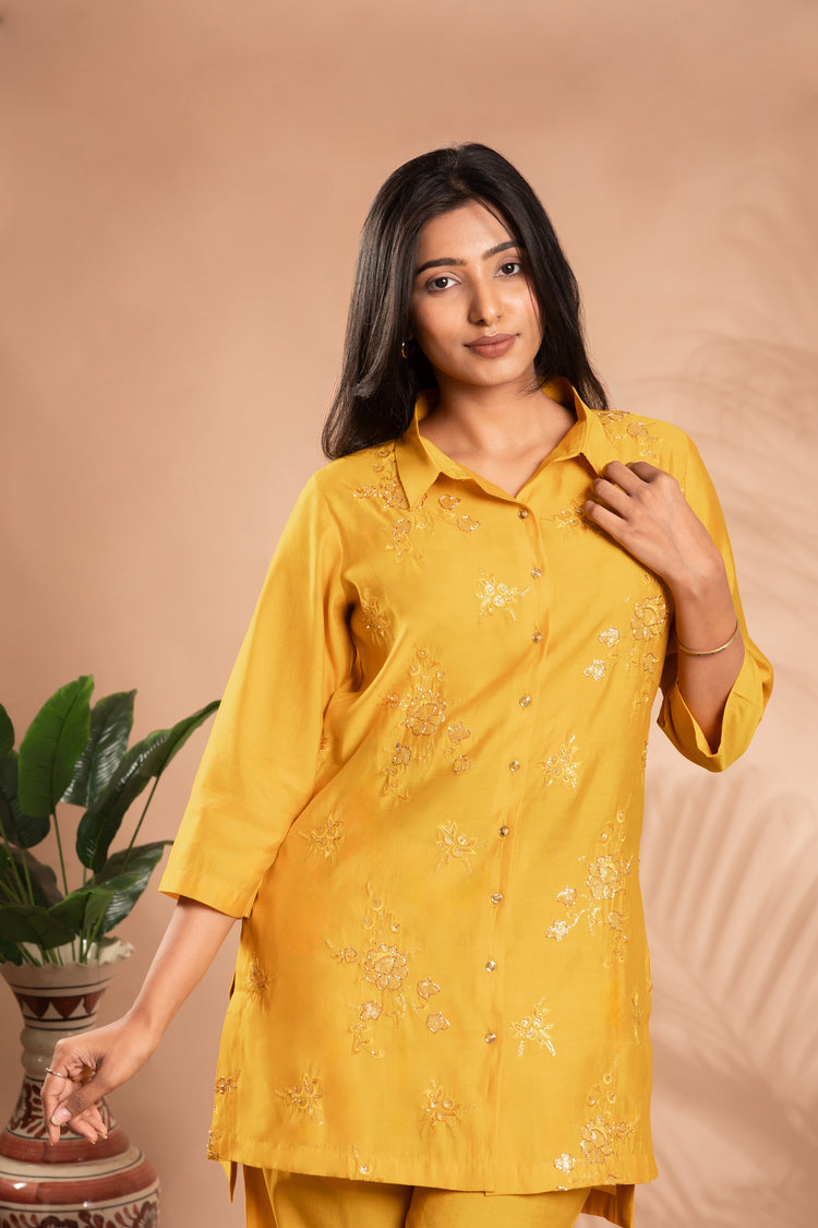 Yellow Sequin Embellished Straight Co-ord Set