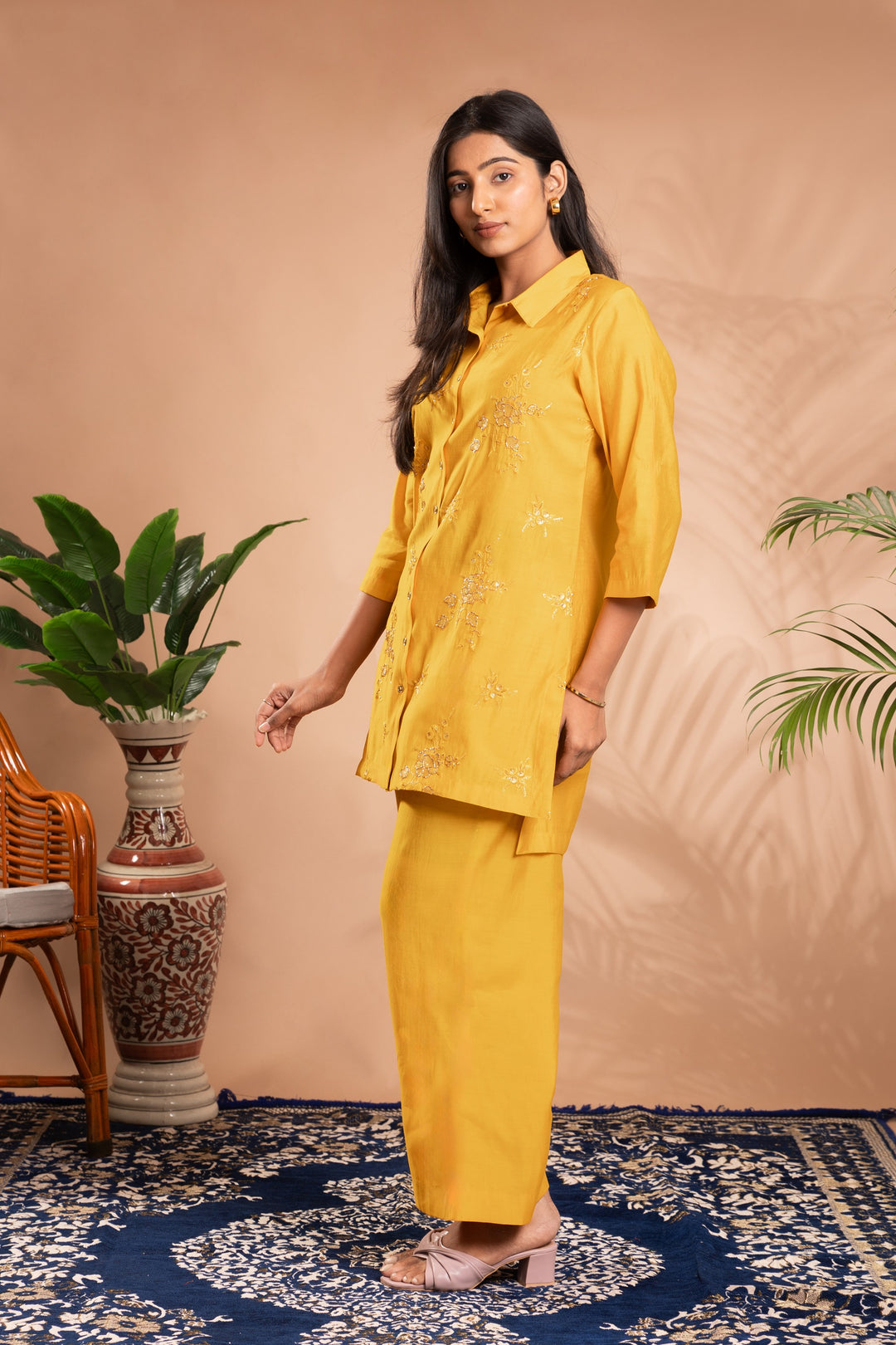 Yellow Sequin Embellished Straight Co-ord Set