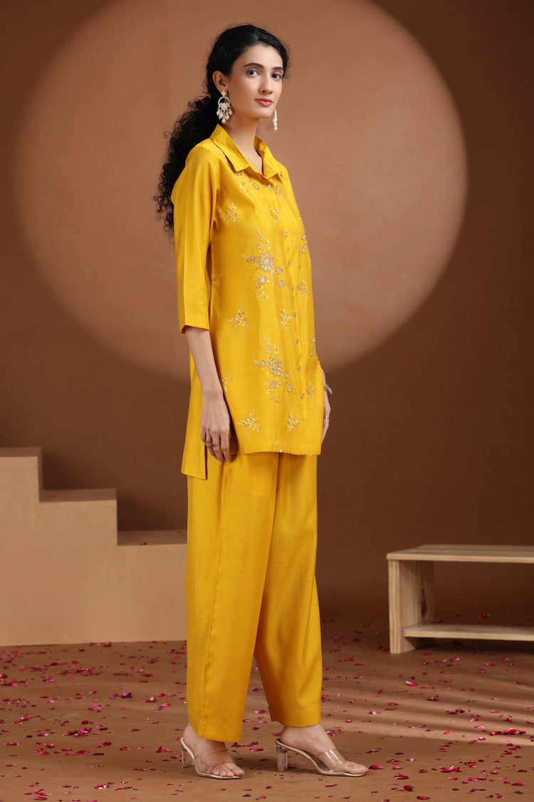 Yellow Sequin Embellished Straight Co-ord Set