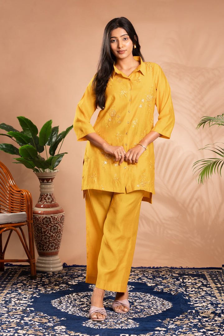 Yellow Sequin Embellished Straight Co-ord Set