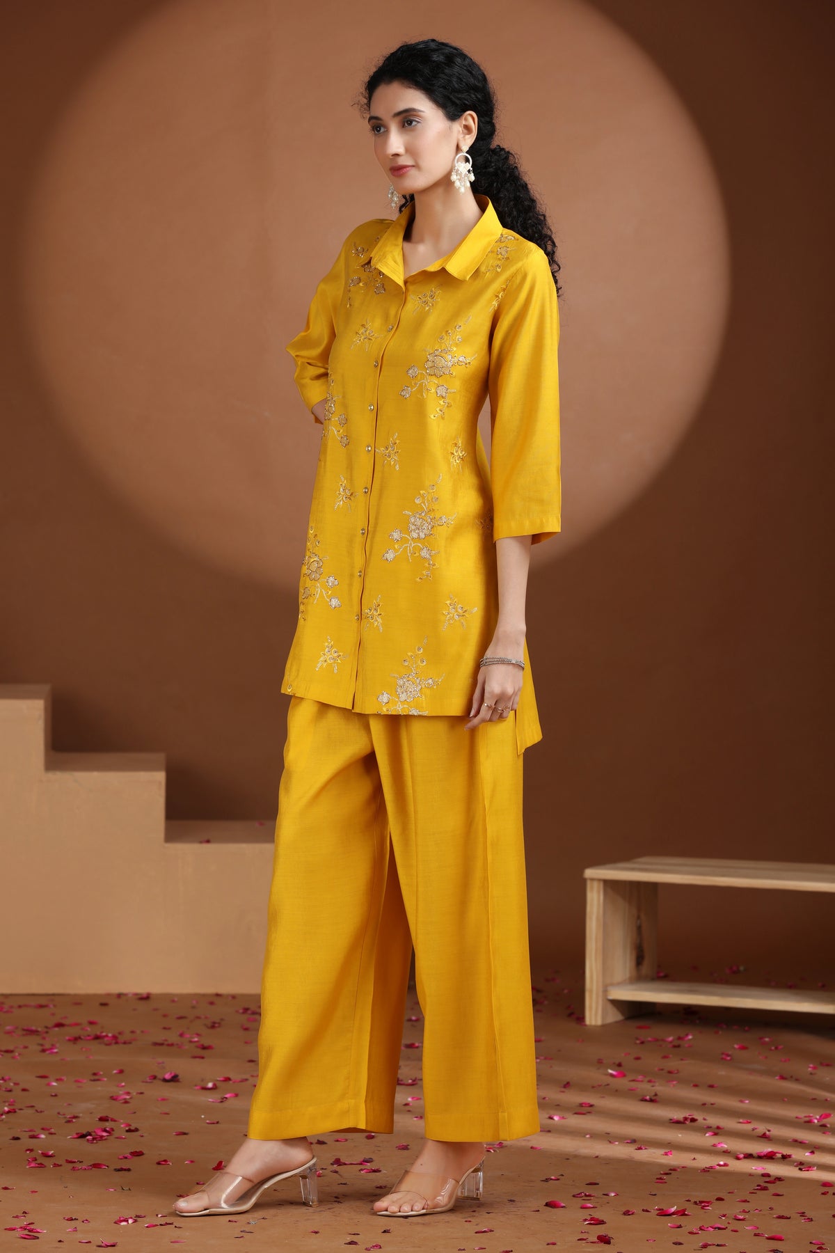 Yellow Sequin Embellished Straight Co-ord Set