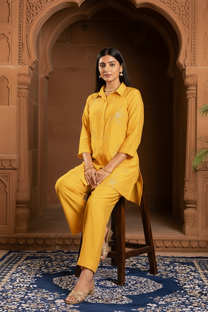 Yellow Sequin Embellished Straight Co-ord Set