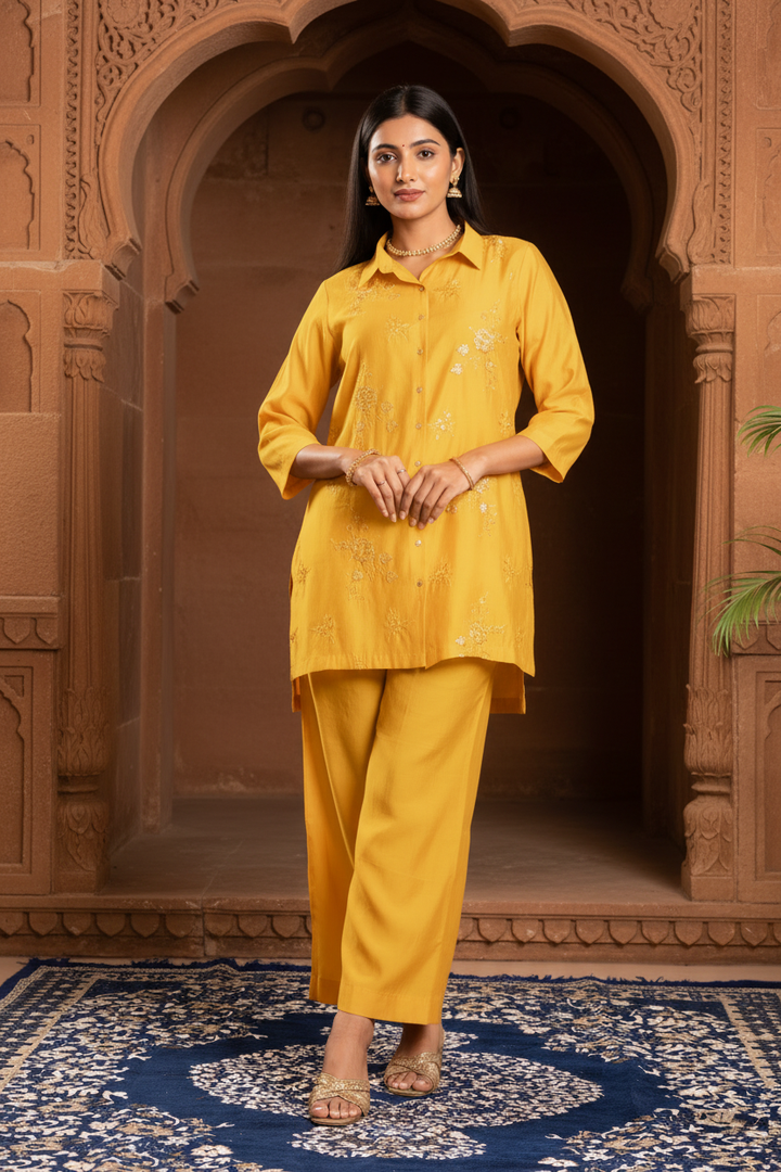 Yellow Sequin Embellished Straight Co-ord Set