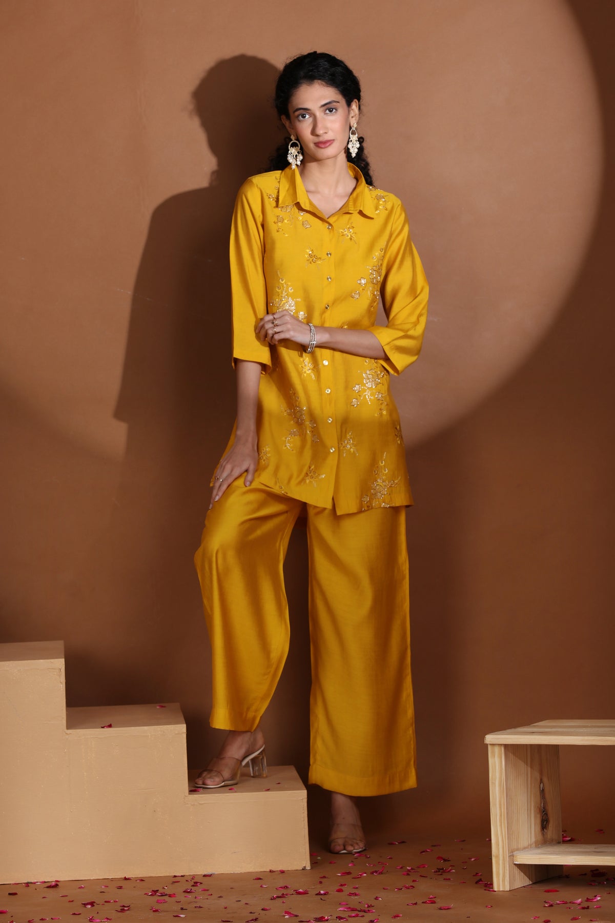 Yellow Sequin Embellished Straight Co-ord Set