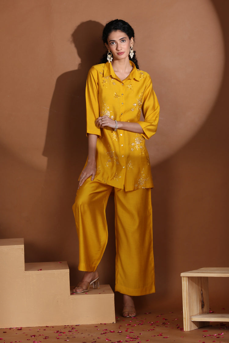 Yellow Sequin Embellished Straight Co-ord Set