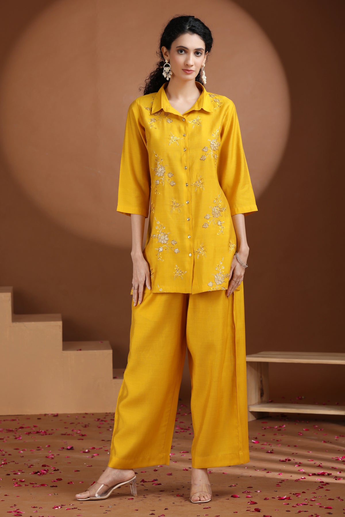 Yellow Sequin Embellished Straight Co-ord Set