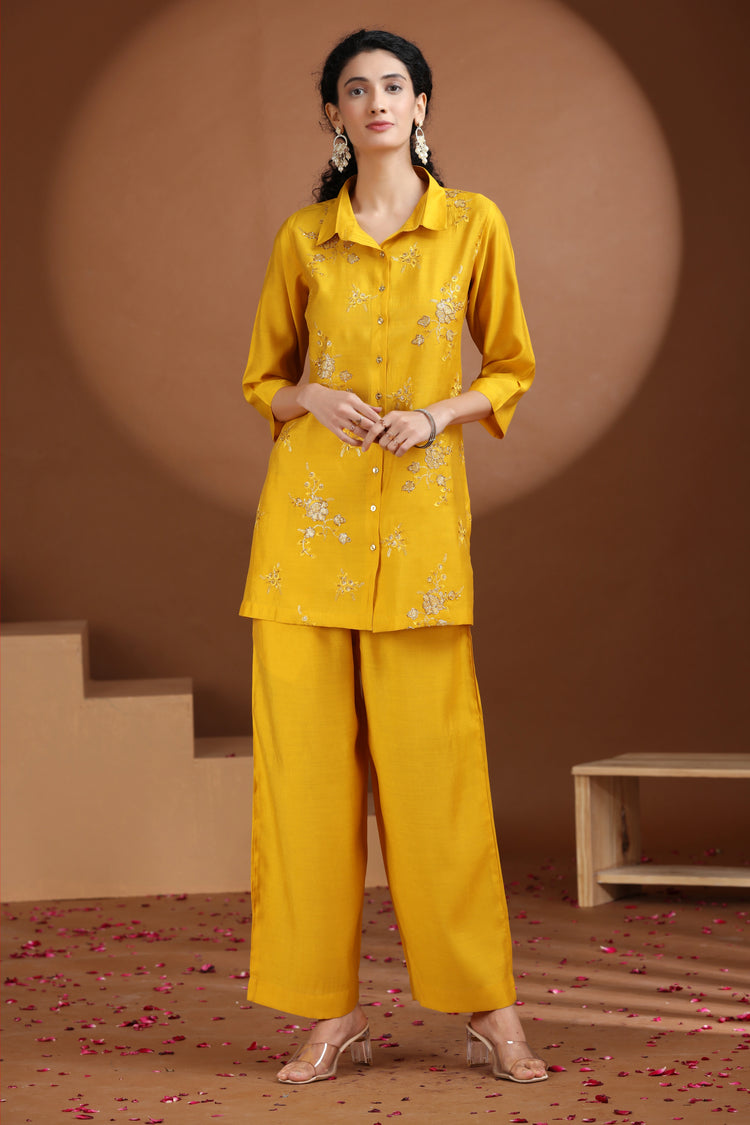 Yellow Sequin Embellished Straight Co-ord Set