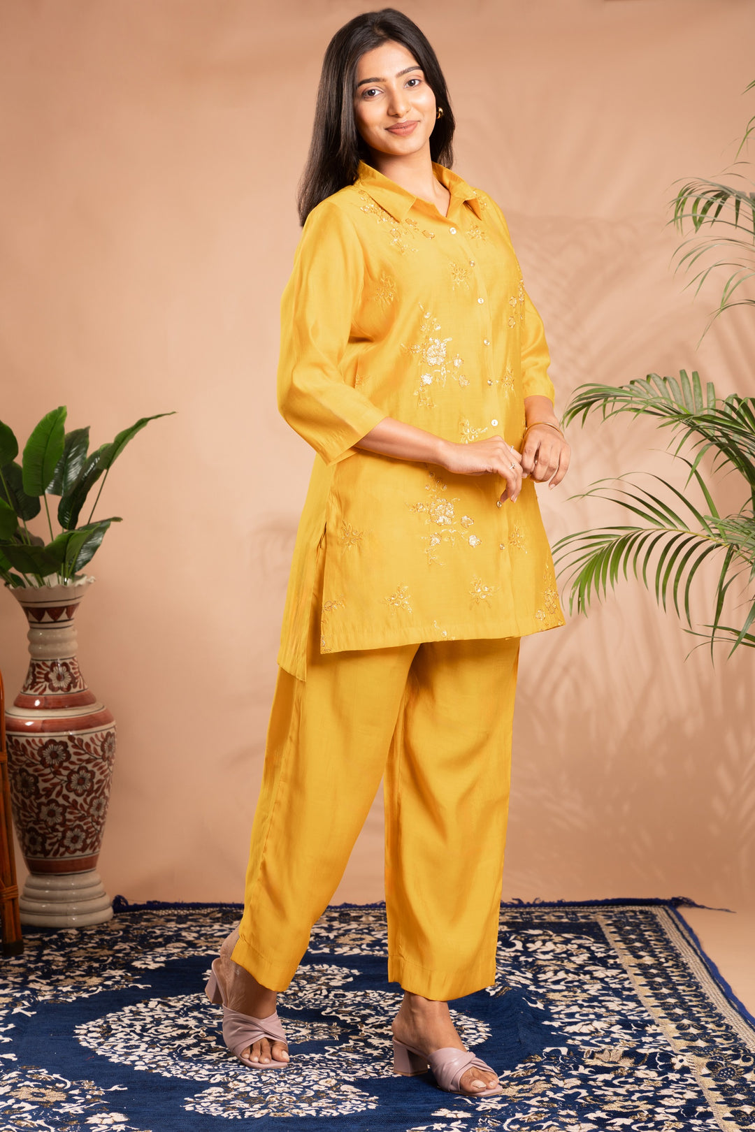 Yellow Sequin Embellished Straight Co-ord Set