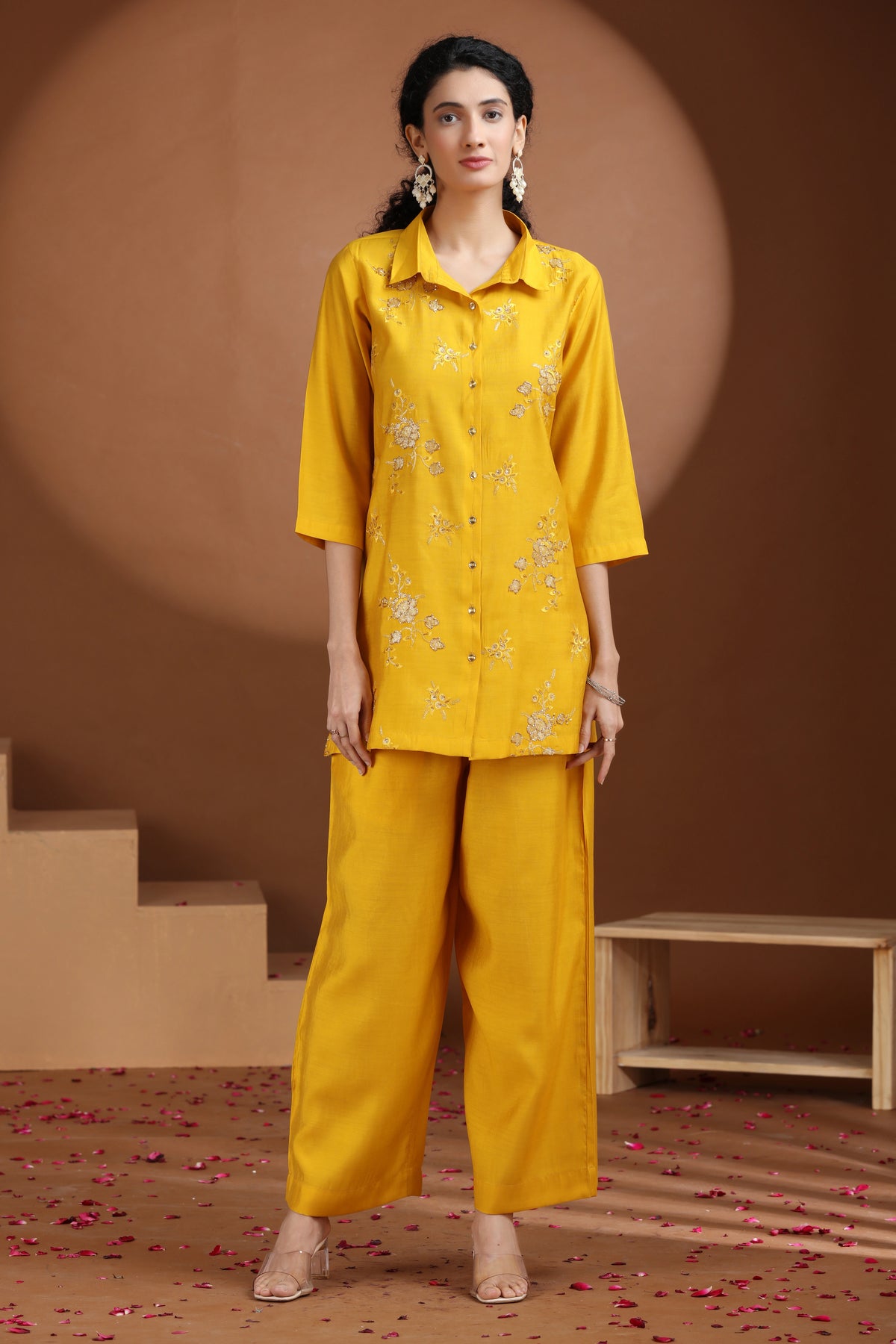 Yellow Sequin Embellished Straight Co-ord Set