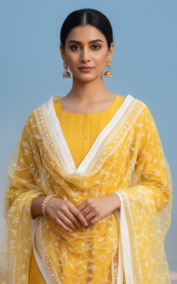 Yellow Solid A-Line Ethnic Set