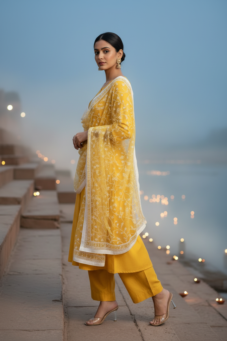 Yellow Solid A-Line Ethnic Set