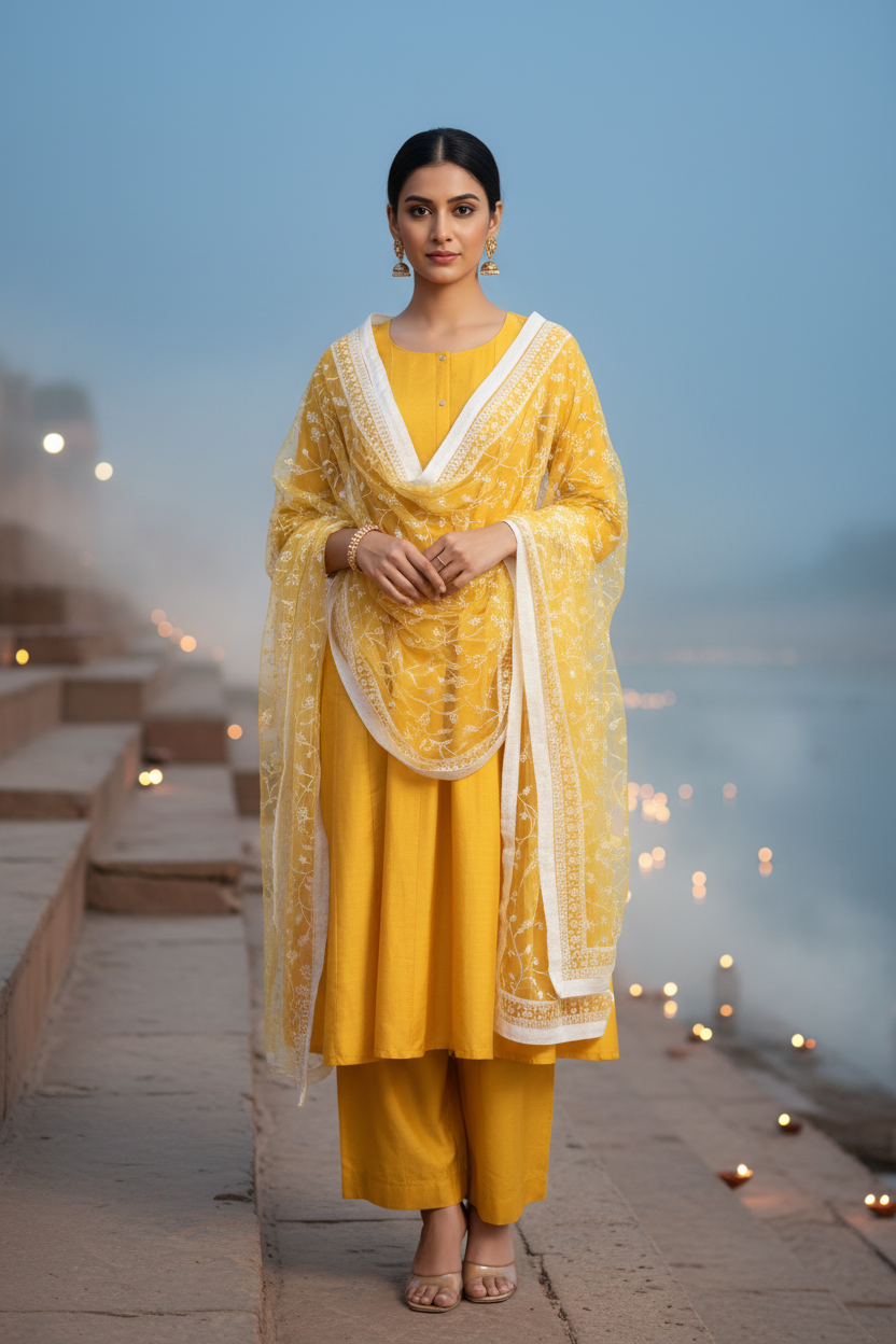 Yellow Solid A-Line Ethnic Set